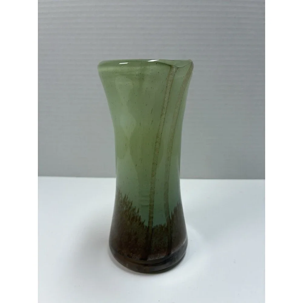 Handmade Home Design. Green and Brown Heavy Glass Vase. Preowned
